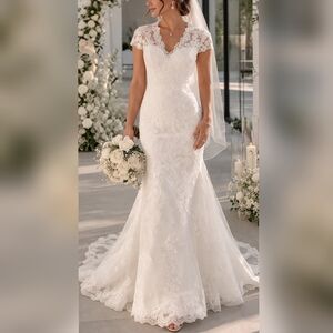 Mingda's Dress Cap Sleeve Sweetheart Trumpet White Lace Wedding Dress sz 10